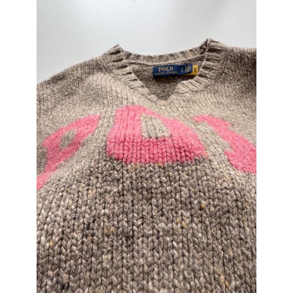 POLO RALPH LAUREN Tan Pink Logo Wool Blend Varsity Crew Neck Sweater, Size S - Picture 11 of 15
